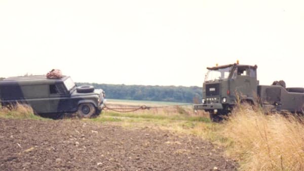 Volvo Recovery vehicle of the Berlin Infantry Brigade recovering a Landrover 110 circa 1990